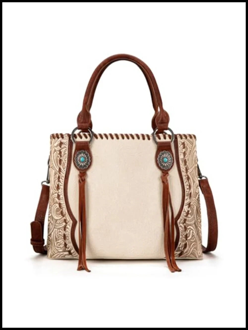 Vintage Tooled Floral Concho Tote Bag with Whipstitch Detail